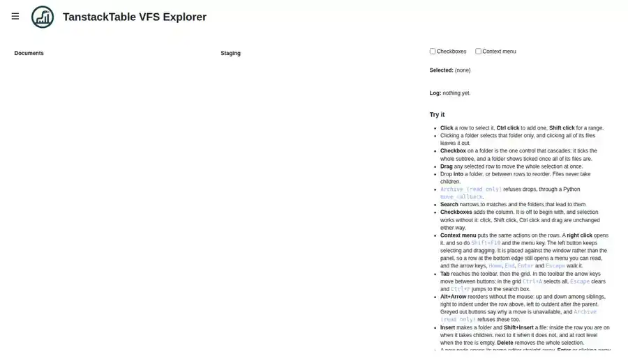 TanstackTable VFS explorer with two panes, drag and drop, and external file drop